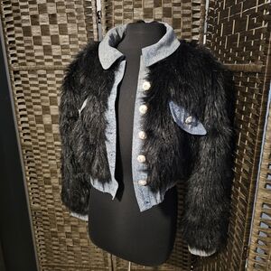 Furry Cropped w Dennin Trim Jacket